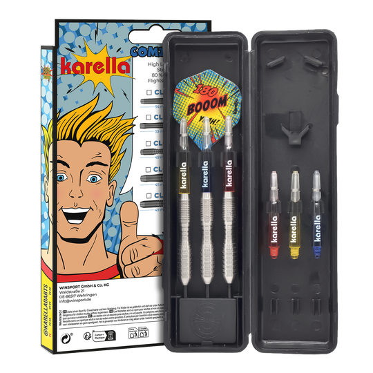 Ocelové šipky Karella Comic Line CL-3 - 24g Die Abbildung zeigt die Karella Comic Line CL-3 Steeldarts mit einem Gewicht von 24g. Die Darts sind für den professionellen Einsatz geeignet und haben ein ansprechendes Design.