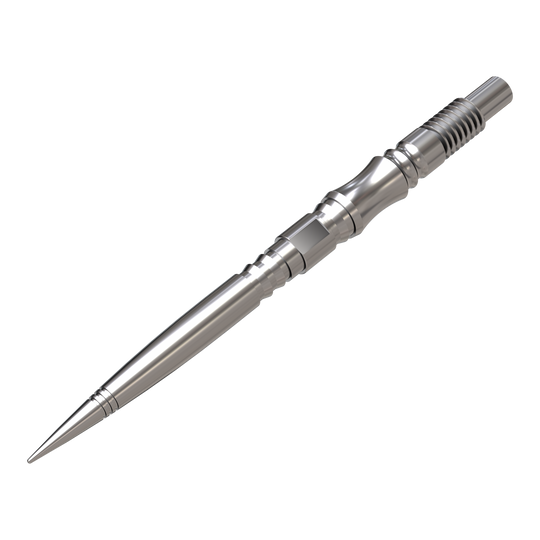 Harrows Quick Point Axis Elite Series Dartspitzen - Silber Es sind mehrere silberne Dartspitzen zu sehen. Sie sind parallel und gleichmäßig aufgereiht.