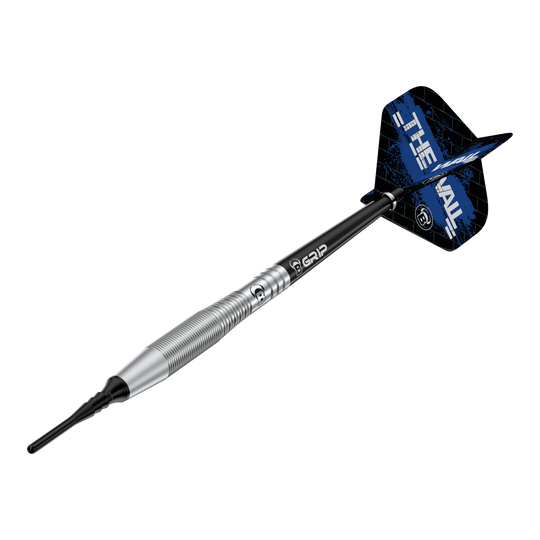 Auf dem Bild ist der Bulls Martin Schindler TW80 Softdart mit einem Gewicht von 18g zu sehen. Der Dart hat ein silbernes Barrel und schwarze Flights mit blauem Design.