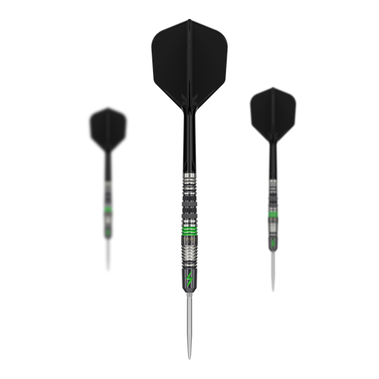 Ocelové šipky Target Japan Black Marque Lightning 3 SP Das Bild zeigt drei Target Japan Black Marque Lightning 3 SP Steeldarts mit schwarzem Flight und silber-grünem Barrel. Die Darts sind modern gestaltet und besitzen eine schlanke, spitze Spitze.