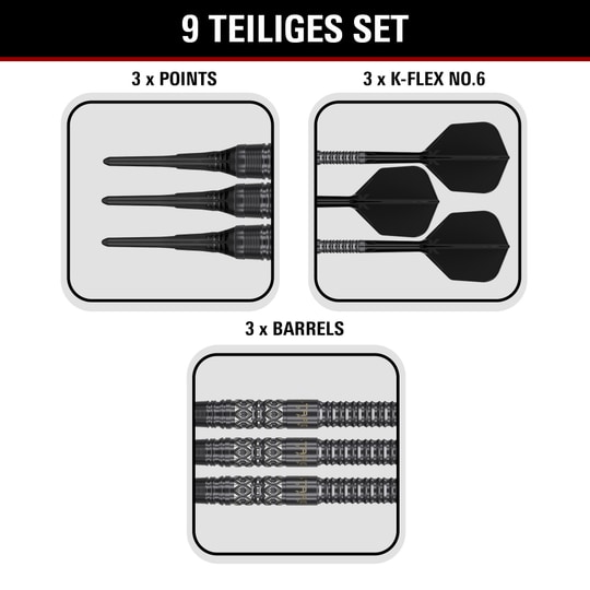 Měkké šipky Target Black Marque Creed - 21,5 g Produktbild der Target Black Marque Creed Softdarts mit einem Gewicht von 21,5g. Die Darts sind auf hellem Hintergrund abgebildet.
