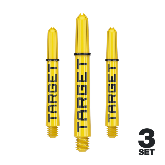 Násadky Target Pro Grip TAG - 3 sady - žluté Das Bild zeigt drei gelbe Dart-Schäfte mit der Aufschrift "TARGET". Unten rechts steht "3 SET", was auf ein Set mit drei Stück hinweist.
