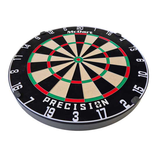 Ocelový terč McDart Precision Dies ist ein McDart Precision Steeldartboard. Die Scheibe hat ein klassisches Design mit klarer Nummerierung und farbigen Markierungen.