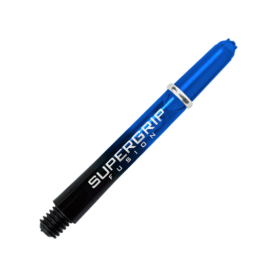 HR337_Harrows_Supergrip_Fusion_Shafts_Blau_40mm_2gcR6g7kFpMYKT Das Bild zeigt einen blauen Harrows Supergrip Fusion Shaft für Darts. Der Schriftzug "SUPERGRIP FUSION" ist auf dem Schaft gut sichtbar.