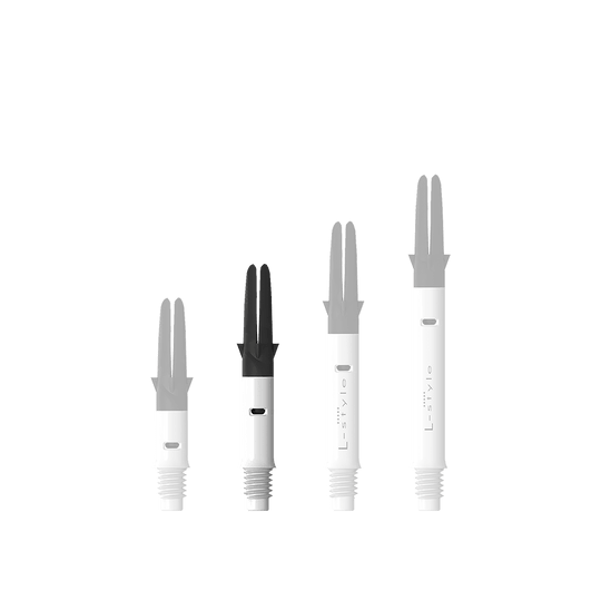 Zu sehen ist der L-Style L-Shaft Carbon Silent Straight in Weiß, Modell 190. Es handelt sich um ein hochwertiges Dartshaft-Zubehör.