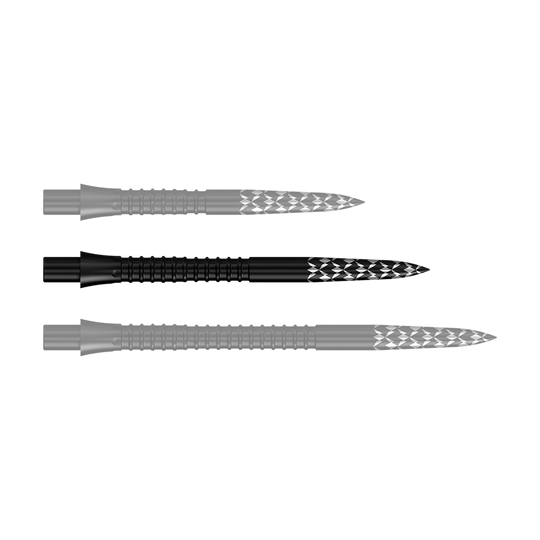 Špičky na šipky Mission Caliburn EVO s logem GV - černé Das Bild zeigt schwarze Steeldartspitzen mit einer Länge von 32 mm. Es handelt sich um die Mission Caliburn EVO GV-Logo Steeldartspitzen.