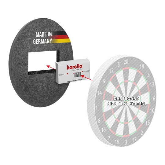 Kompaktní zvuková izolace Karella pro ocelové terče Kompakter Schallschutz Karella für Steeldartboards ist auf dem Bild zu sehen. Es handelt sich um einen schalldämpfenden Schutz für Steeldartboards.
