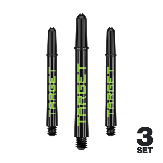 Target Pro Grip TAG Shafts - 3 sady - černo-zelené Mehrere Dart-Schäfte mit glatten Linien und dezenter Farbe sind abgebildet. Das Produkt ist ordentlich arrangiert.