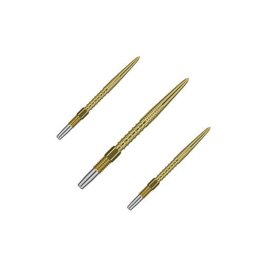 Zaměřte hroty šipek Swiss Firepoint Gold Das Bild zeigt drei goldfarbene Dartspitzen mit silbernem Ende. Sie sind länglich und haben eine strukturierte Oberfläche.