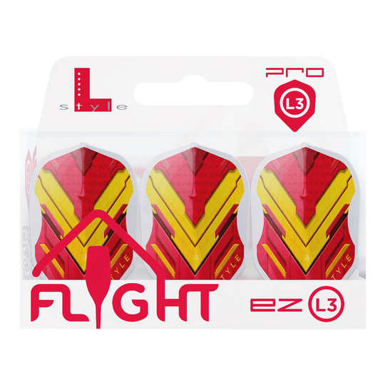 Letky L-Style V Series V1 Type A Španělsko Čirá bílá L3EZ Das Bild zeigt eine Packung mit drei Dart-Flights der Marke L-Style in den Farben Rot und Gelb. Auf der Verpackung steht „FLIGHT ez L3“ und oben rechts ist das Pro L3-Logo zu sehen.
