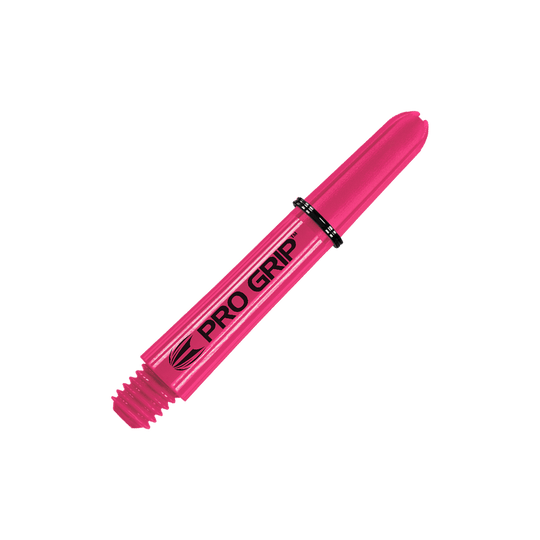 Target Pro Grip Shafts - 3 sady - Pink Auf dem Bild ist ein pinker Dart-Schaft mit der Aufschrift "PRO GRIP" zu sehen. Er ist 34 mm lang und hat eine glatte Oberfläche.