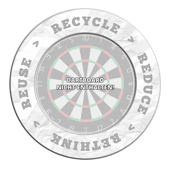 McDart Recyklace Snížení Přehodnocení Znovupoužití Obložení terče Das Bild zeigt ein Produkt in Grau mit dem Schriftzug 'Recycle, Reuse, Reduce, Rethink'. Die Beschreibung lehnt sich an den Dateinamen DBS-RRRR5_Surround_Recyle_Reuse_Reduce_Rethink_Grau_1 an.