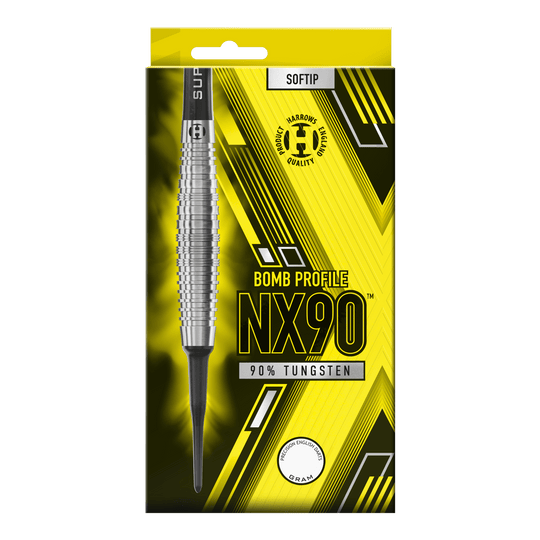 Měkké šipky Harrows NX90 Bomb Die Verpackung zeigt die "Harrows NX90 Bomb Softdarts" mit einem auffälligen gelb-schwarzen Design. Auf der Vorderseite steht, dass die Darts aus 90% Tungsten bestehen und eine Bombenform haben.