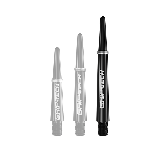 GOAT Griptech shafty - černé Auf dem Bild sind drei schwarze Dartschäfte in verschiedenen Längen zu sehen. Auf jedem Schaft steht das weiße Logo "GRIPTECH".