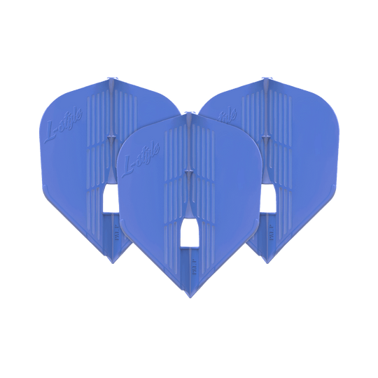 Letky KAMI L3PRO ve stylu L Das Bild zeigt drei blaue Dartflights der Marke L-Style. Sie sind nebeneinander aufgereiht und haben eine moderne, strukturierte Oberfläche.