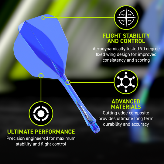 Systém letky Winmau Fusion č. 6 modrý Das Winmau Fusion Flight-Shaft-System No6 in Blau ist zu sehen. Es bietet eine moderne Lösung für Dartspieler.