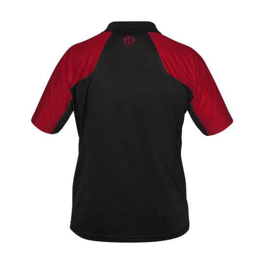 17416-Harrows-Vivid-Dartshirt-Black-Red-2vZx48MEm4REEL Das Bild zeigt ein Dartshirt in den Farben Schwarz und Feuerrot. Die Rückseite des Shirts ist überwiegend schwarz mit roten Ärmeln und Schultern.