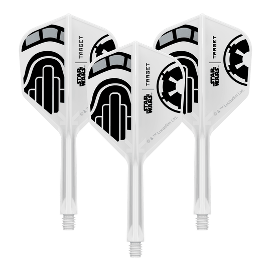 Abgebildet ist ein Dartflügel-Set im Star Wars Design mit dem Namen 'Stormtrooper No6 Flights Intermediate 26mm'. Das Set eignet sich für den Austausch von Dartflügeln.