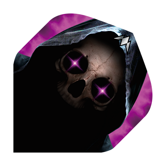 Standardní lety Mise Solo Phantom No2 Das Bild zeigt ein Dartflight mit einem Totenkopf in einer dunklen Kapuze. Die Augen des Schädels leuchten in einem auffälligen Lila mit Sternenform.