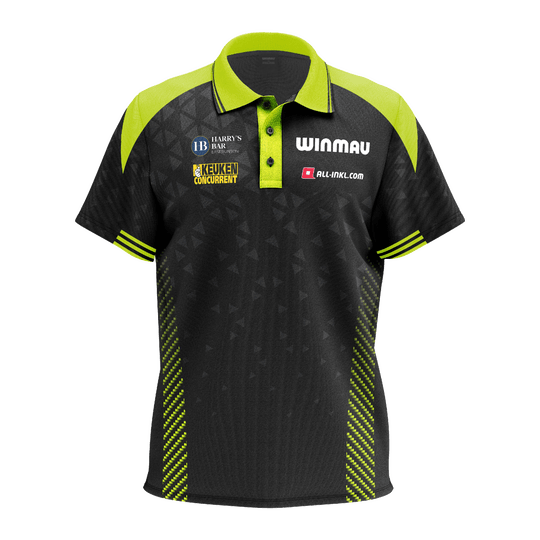 Polo tričko Winmau Michael Van Gerwen Stage Das Bild zeigt das Winmau Michael Van Gerwen Stage Poloshirt. Das Shirt ist im Stil des bekannten Dartspielers gehalten.