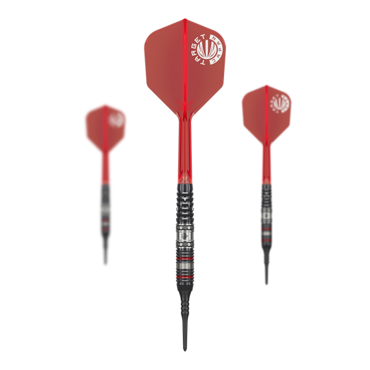 Das Bild zeigt drei Softdarts aus der Serie "Target Japan Prime Series Diamond GEN3" mit einem Gewicht von 18g. Die Darts haben rote Flights und schwarze Spitzen.