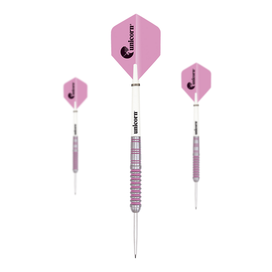 Autogram Unicorn Steeldarts Das Bild zeigt drei Unicorn Autograph Steeldarts mit rosa Flights. Die Darts haben eine weiße Mitte und einen geriffelten, silber-rosa Schaft.