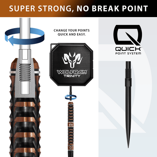 Harrows Tungsten Trinity Quick Point ocelové šipky Auf diesem Foto sind die Harrows Wolfram Trinity Quick Point Steeldarts dargestellt. Das Design dieser Darts betont Präzision und Stabilität.