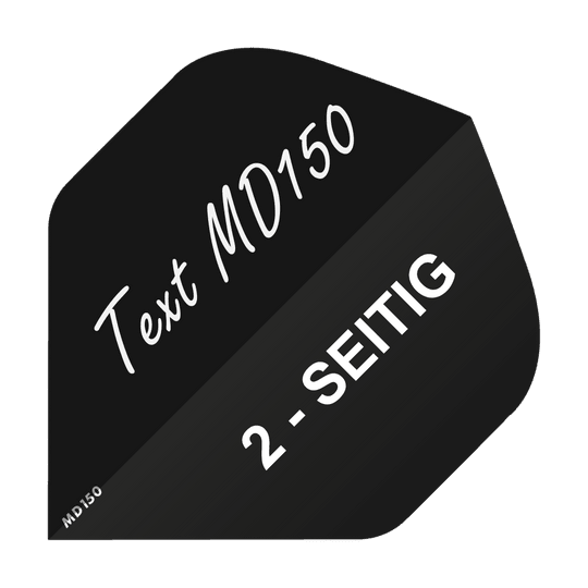 MD-200_2-Seitig_Bedruckte_Flights_Wunschtext_MD150_Schwarz_Standard_1 Das Bild zeigt ein schwarzes Feld mit dem Text "Text MD150" und "2-SEITIG" in weißer Schrift. Es handelt sich um ein Beispielbild für bedruckte Flights mit Wunschtext, Modell MD150 Standard.