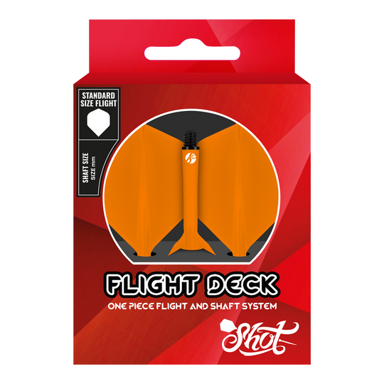 Das Bild zeigt das Produkt "Shot Flight Deck No2 Standard Flight-System - Orange" in seiner Verpackung. Die Verpackung ist rot und das Flight-System ist in leuchtendem Orange sichtbar.