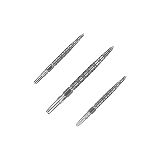 Zaměřte hroty šipek Swiss Diamond Pro Silver Points Das Bild zeigt drei silberne Dartspitzen mit einem rautenförmigen Muster. Sie sind nebeneinander auf einem neutralen Hintergrund angeordnet.