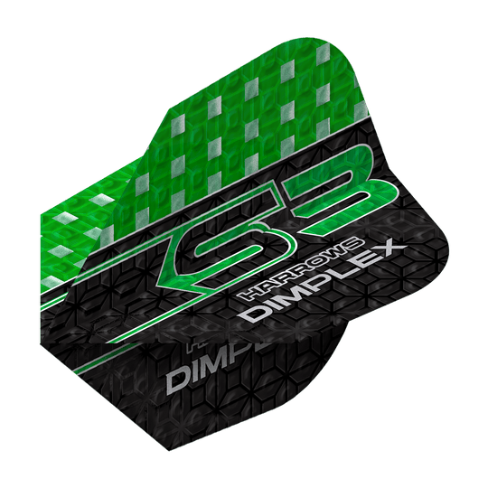 Lety Harrows Dimplex S3 - zelené Das Bild zeigt einen grünen und schwarzen Dartflight mit der Aufschrift "Harrows Dimplex S3". Das obere Drittel ist grün mit silbernen Quadraten, der Rest ist schwarz mit einem Muster und weißen Schriftzügen.