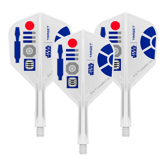Lety Target Star Wars K-Flex R2D2 č. 6 Abgebildet sind Dart-Flights mit Star Wars R2D2 Motiv und dem Dateinamen 410510_Target_StarWars_KFlex_R2D2_No6_Flights_Short_19mm_1Set. Es handelt sich um ein Set kurzer Dart-Flights.