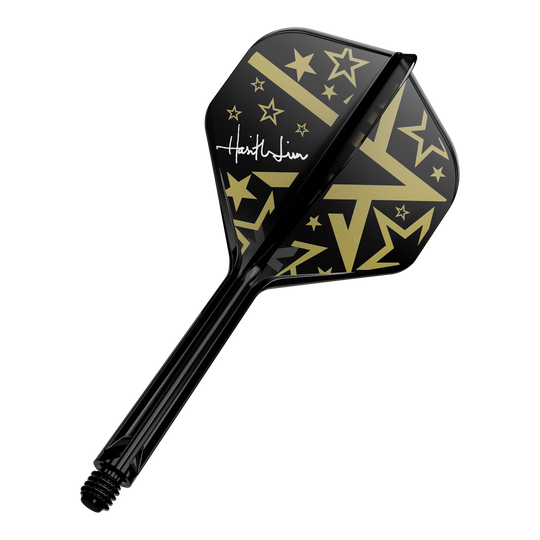 Target Japan K-Flex Hot Shot No2 Standardní letový hřídelový systém Dies ist ein schwarzer Dartschaft mit einem Flight in Schwarz und Gold. Das Flight-Design zeigt goldene Sterne und geometrische Muster sowie eine weiße Unterschrift.
