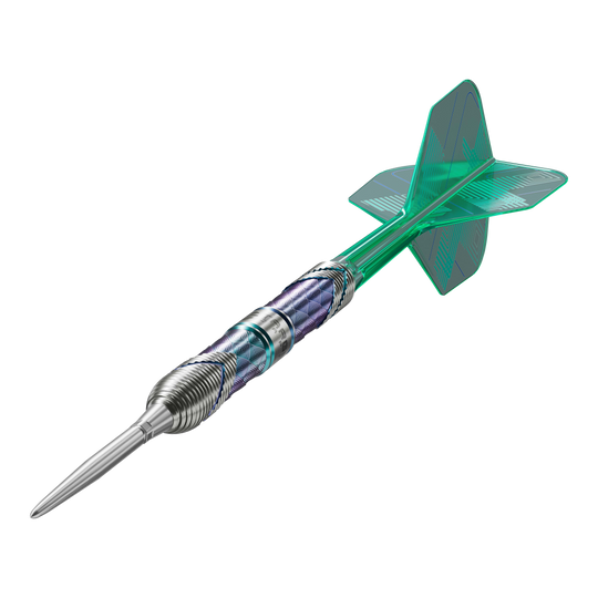 Das Bild zeigt den Target Japan Kaze Series Ceros 03 Steeldart mit einem Gewicht von 24g. Der Dart hat einen silbernen, strukturierten Barrel und grüne Flights.