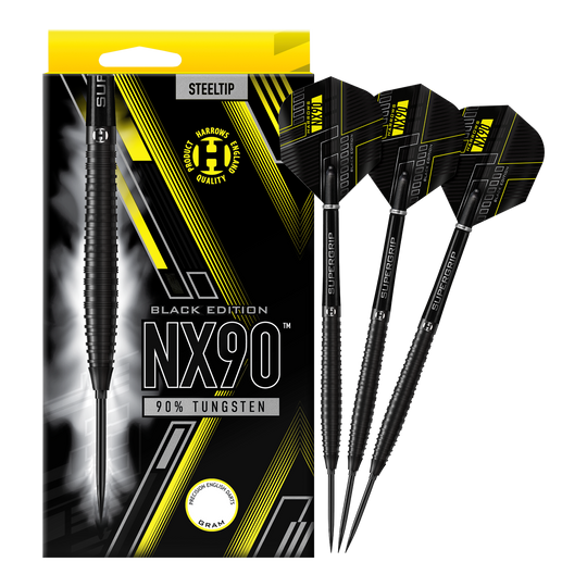 Harrows NX90 Black Edition Tapered Quick Point ocelové šipky Abgebildet sind die Harrows NX90 Black Edition Tapered Quick Point Steeldarts. Die schwarzen Steeldarts haben eine schlanke, konische Form.