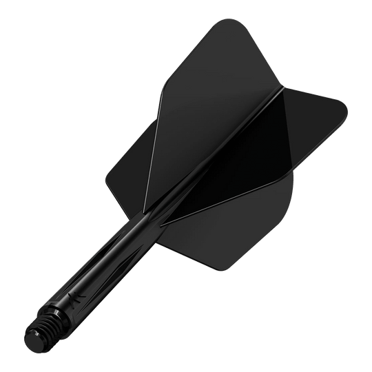 Das Bild zeigt das Produkt "Mission Force 90 No6 Flight-Shaft-System - Schwarz". Es handelt sich um ein schwarzes Dart-Flight- und Schaftsystem in moderner Ausführung.