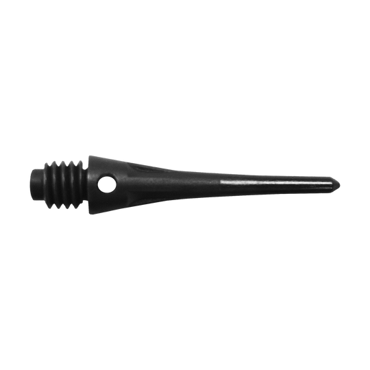 CO-00088_Condor_Tip_Zero-Stress_Softdartspitzen_Schwarz_2 Auf dem Bild ist eine schwarze Softdartspitze abgebildet. Die Spitze hat ein Gewinde und eine kleine Öffnung nahe dem Gewindebereich.