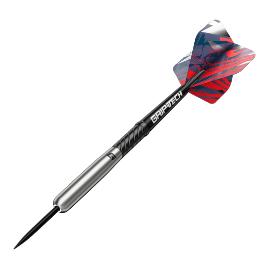 Šipky GOAT Homerun Baseball Tungsten Steel Das Bild zeigt einen GOAT Homerun Baseball Tungsten Steeldart mit farbigem Flight und schwarzem Schaft. Der Dart hat einen silbernen Körper und trägt die Aufschrift "GRIPTECH".