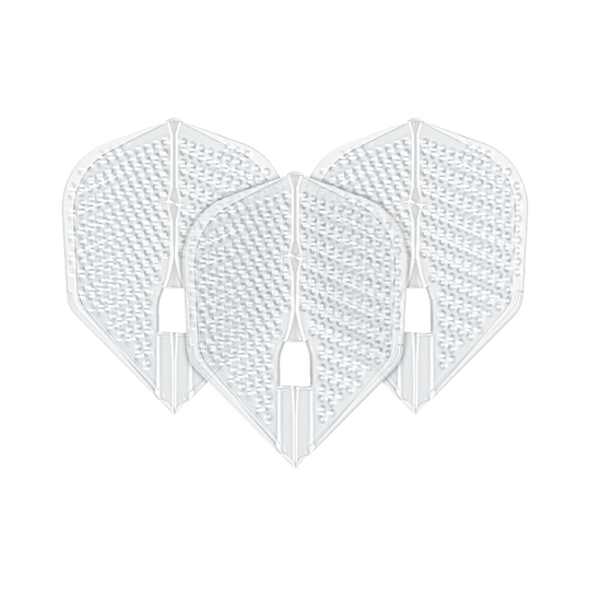 Das Bild zeigt drei transparente Darts-Flights in L3PRO Form mit Dimple-Oberfläche. Es handelt sich um das Produkt "L-Style Flights Dimple Champagne L3PRO Shape".