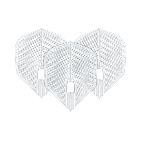 Letky ve stylu L Dimple Champagne Tvar L3PRO Das Bild zeigt drei transparente Darts-Flights in L3PRO Form mit Dimple-Oberfläche. Es handelt sich um das Produkt "L-Style Flights Dimple Champagne L3PRO Shape".