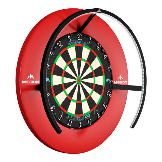 LED osvětlení terče Mission Torus 270 - černé Zu sehen ist die Mission Torus 270 LED Dartboard Beleuchtung in Schwarz. Diese Beleuchtung verbessert die Sichtbarkeit beim Dartspielen.