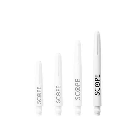 527_McDart_Scope_Nylon_Shafts_Weiss_48mm_1 Das Bild zeigt vier weiße McDart Scope Nylon Shafts in verschiedenen Längen. Auf jedem Schaft steht das Wort "SCOPE" in schwarzer Schrift.