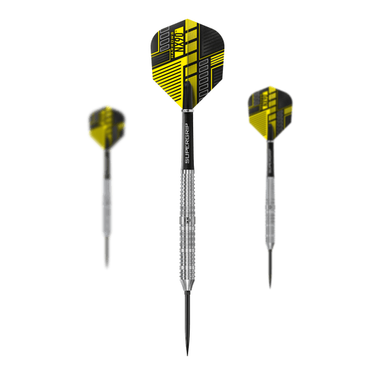 Gezeigt wird ein Set der Harrows NX90 Parallel Quick Point Steeldarts. Das Set eignet sich ideal für Turnier- und Freizeitspieler.