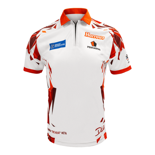 Hier sieht man das Harrows Damon Heta Playershirt. Das Shirt ist für Dartspieler gemacht.