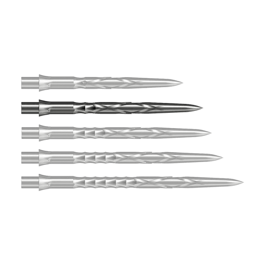 Ocelové hroty na šipky Caliburn System - HAN G2 - Stříbrné Auf dem Bild sind drei silberne Steeldartspitzen nebeneinander zu sehen. Sie haben eine glatte, verdrehte Oberfläche und sind spitz zulaufend.
