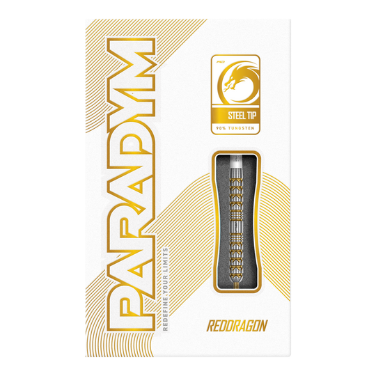 Ocelové šipky Red Dragon Paradym Gold Parallel Das Bild zeigt die Red Dragon Paradym Gold Parallel Steeldarts. Sie sind parallel geformt und in einer auffälligen Goldfarbe gehalten.