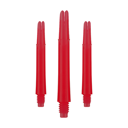 L-L-Style-Shafts uzamknuté rovně - červená Auf dem Bild sind drei gerade, rote Dartschäfte aus Kunststoff zu sehen. Sie haben Gewinde am unteren Ende und sind ohne Kappen dargestellt.