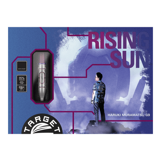 Ocelové šipky Target Japan Haruki Muramatsu Rising Sun GEN9 - 23g Die Abbildung zeigt die Verpackung der "Target Japan Haruki Muramatsu Rising Sun GEN9 Steeldarts - 23g". Auf der Packung sind ein Dartpfeil, das Logo von Target und ein Mann im Profil sowie der Schriftzug "Rising Sun" zu sehen.