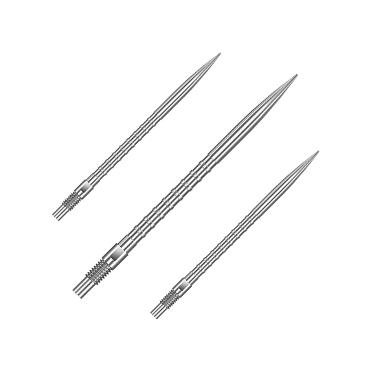 Špičky na šipky Harrows Quick Point Heavy Metal - stříbrné Das Bild zeigt ein Set von silbernen Dartspitzen mit 40 mm Länge. Die Spitzen sind nebeneinander arrangiert.