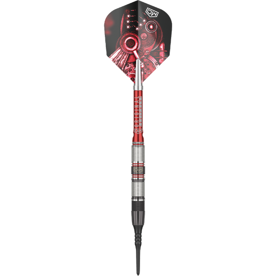 Das Bild zeigt den Softdart "DW Piranha Razor 02". Der Dart hat ein silber-rotes Barrel und auffällige Flights mit einem Zahnrad-Design.
